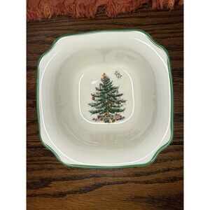 Spode Christmas Tree Square Bowl 5.5” Candy Dish Green Rim Holiday Ceramic